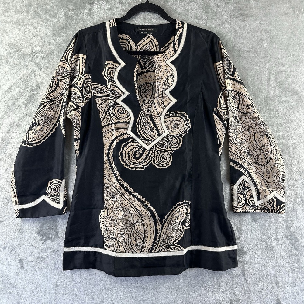 BCBG Maxazria Tunic Top Women's XS Black Tan Paisley Long Sleeve Silk V-Neck